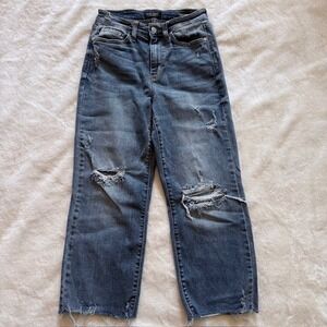 Judy Blue High Waist Distressed Wide Leg Jeans Medium Wash Raw Hem Size 3/26
